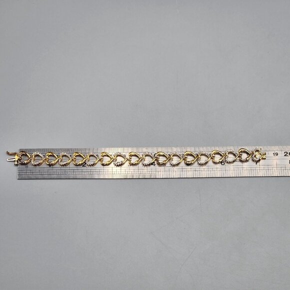 Gold Plated Sterling Silver Heart Link Chain Bracelet 925 Clear Stones 7" Long - Picture 9 of 9